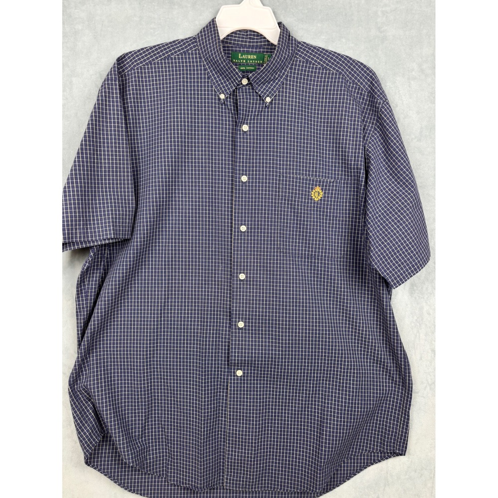 Lauren Ralph Lauren Mens Large Blue Grid Check Short Sleeve Crest Button Down